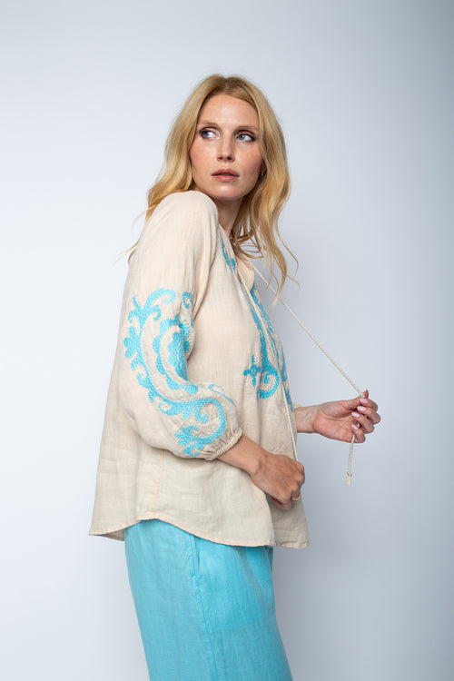 Tunika "Ornament Love" Leinen sand/aqua