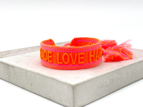 Webarmband "Peace Love Happiness" neon orange/neon pink