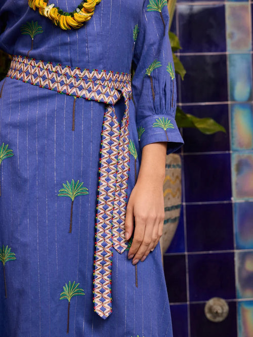 Azurite Dress Blue Lurex Palm Embroidery