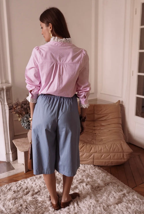 Bluse "Stripes" mit Rüsche in rosa/weiß