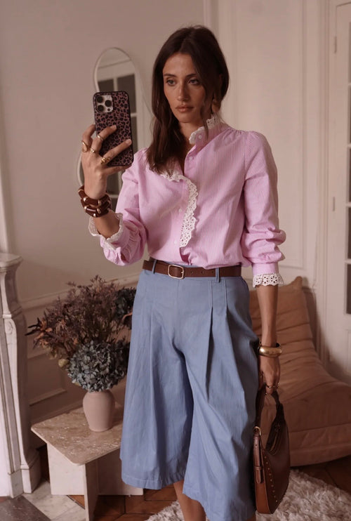 Bluse "Stripes" mit Rüsche in rosa/weiß