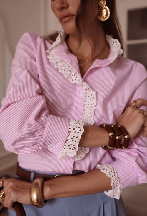 Bluse "Stripes" mit Rüsche in rosa/weiß