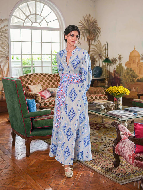 Marigold Dress Ikat blue