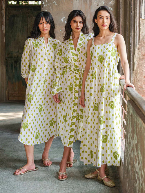 Kaftan Cedar Dots Embroidery Gujarat Birds Lime