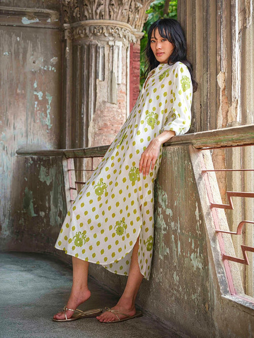 Kaftan Cedar Dots Embroidery Gujarat Birds Lime