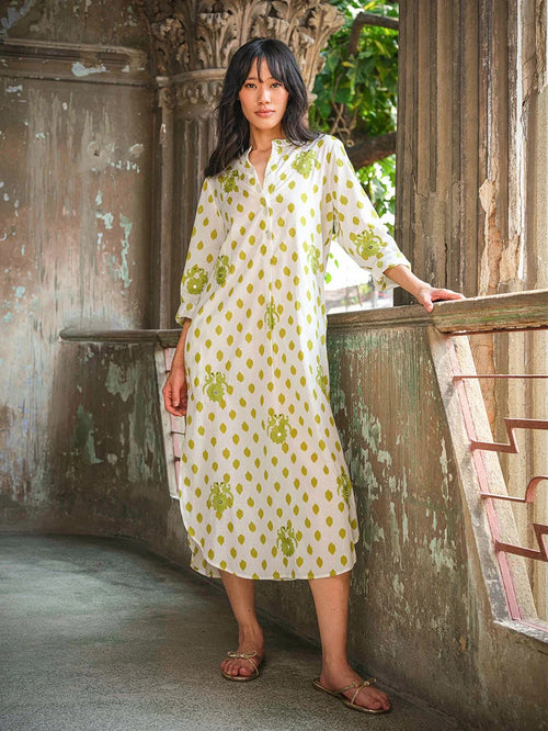 Kaftan Cedar Dots Embroidery Gujarat Birds Lime