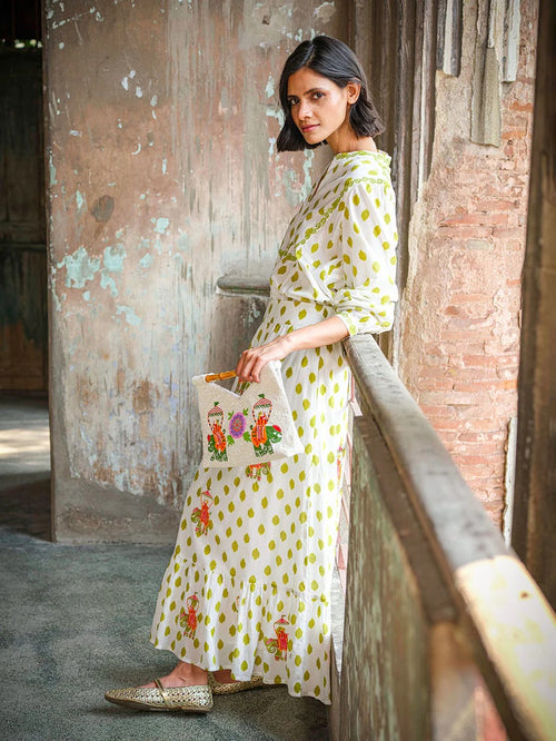 Goldenseal Skirt Dots Lime, Elefantenstickerei