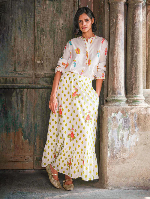 Goldenseal Skirt Dots Lime, Elefantenstickerei