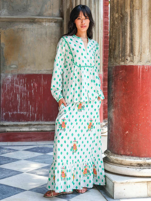 Goldenseal Skirt Dots Emerald, Elefantenstickerei