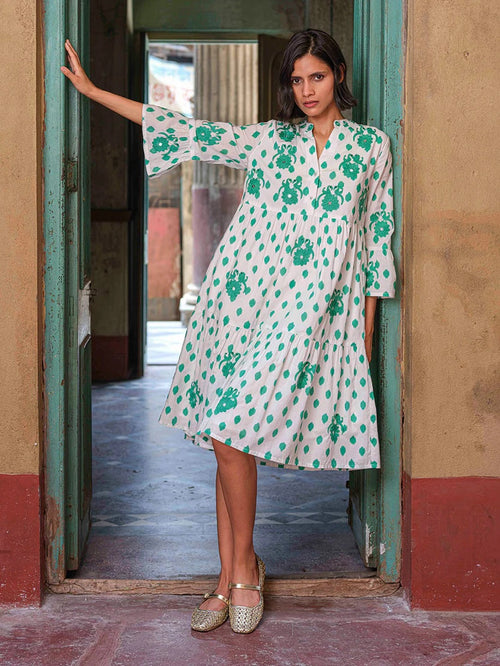 Borage Dress Dots Gujarat Birds Embroidery emerald