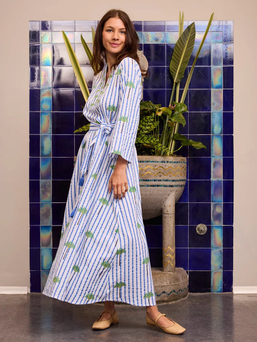 Dress Lemon Blue Stripes Palm Embroidery