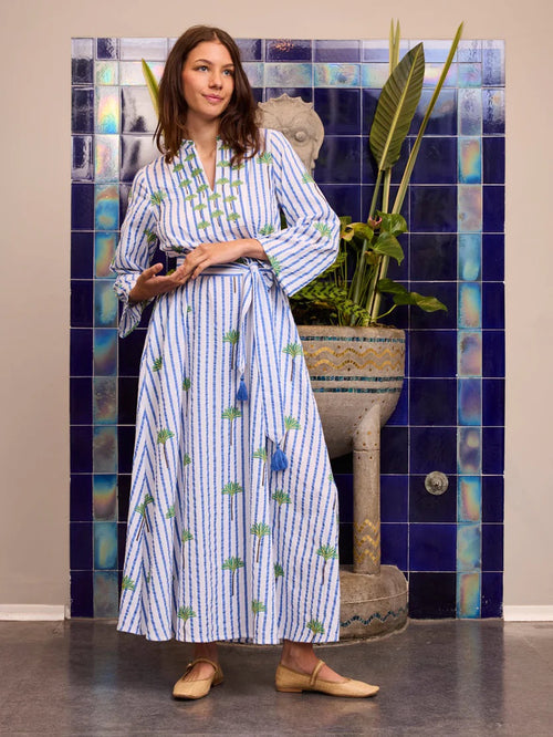 Dress Lemon Blue Stripes Palm Embroidery