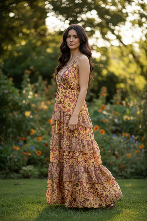 Seiden Maxidress Sicily gelb/pink