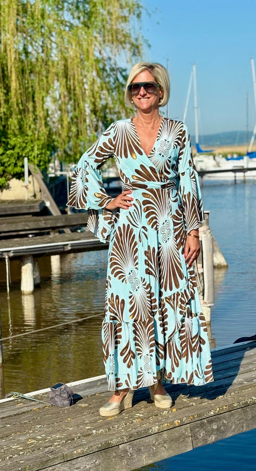 Seiden Maxidress Lisboa "Leaves" light blue brown