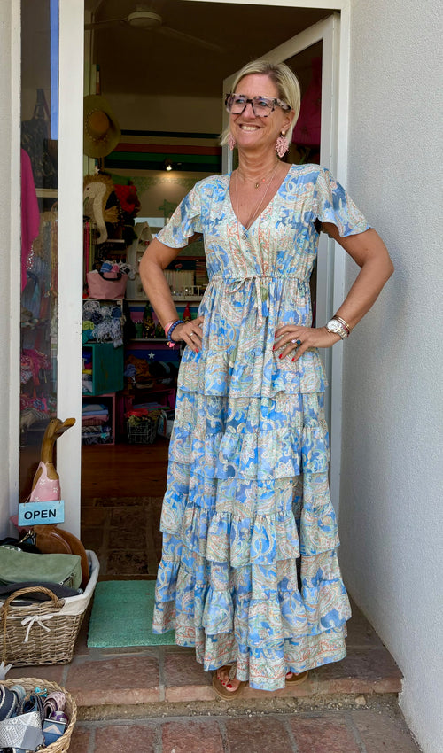 Seidendress lang "Volants" Blue Paisley