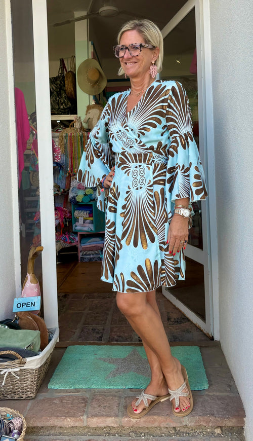 Seiden Dress Oporto Print Leaves Light blue