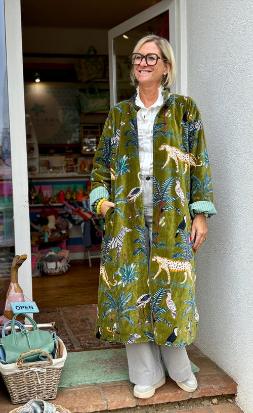 Velvet Kimono Mantel "Wild Jungle" khaki