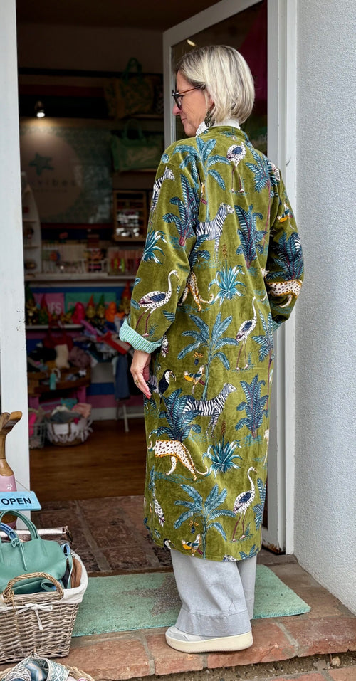 Velvet Kimono Mantel "Wild Jungle" khaki