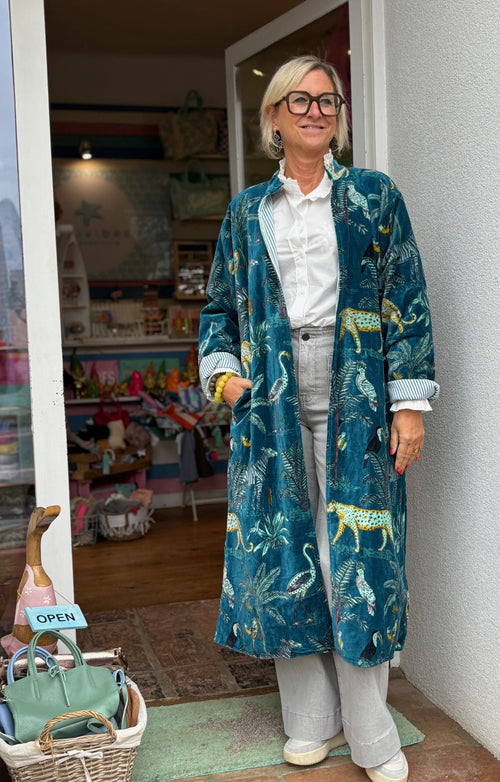 Velvet Kimono Mantel "Wild Jungle" petrol
