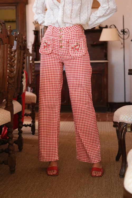 Bestickte Jeans "Vichy Karo red Strawberry"