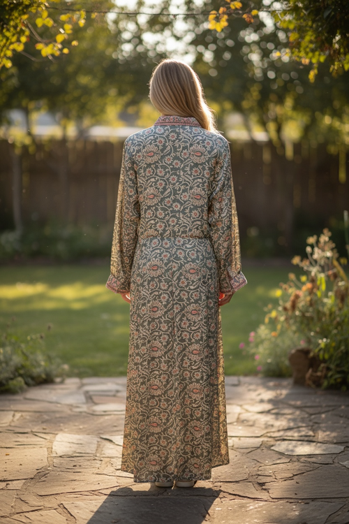 Seiden Kaftan Dress "Khaki Flowers"