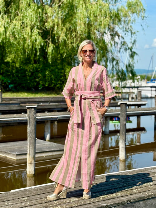 Kaftan Dress "Stripes" soft pink/khaki
