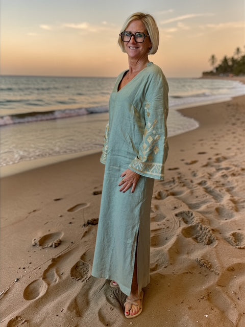 Leinen Kaftan Dress Ios khaki/gold