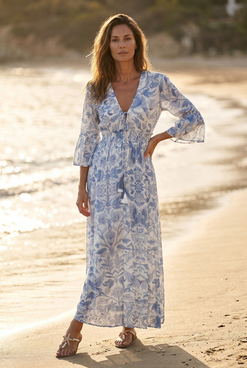 Pahiesa Seiden/Cotton Maxi Dress Flowers Navy