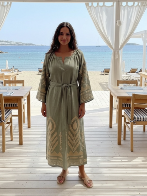 Midi Linen Dress Feather with Bell Sleeves