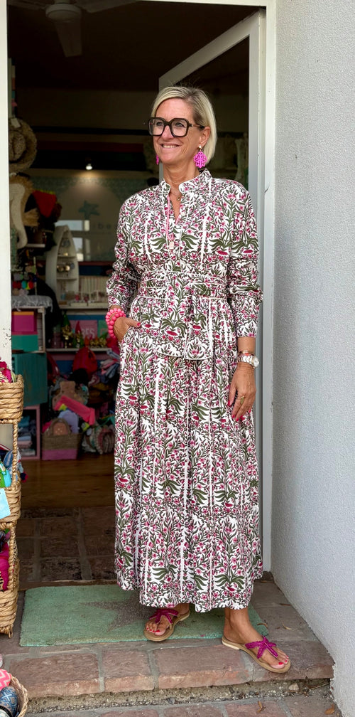 Long Dress "Niki" Indian Flower khaki/pink