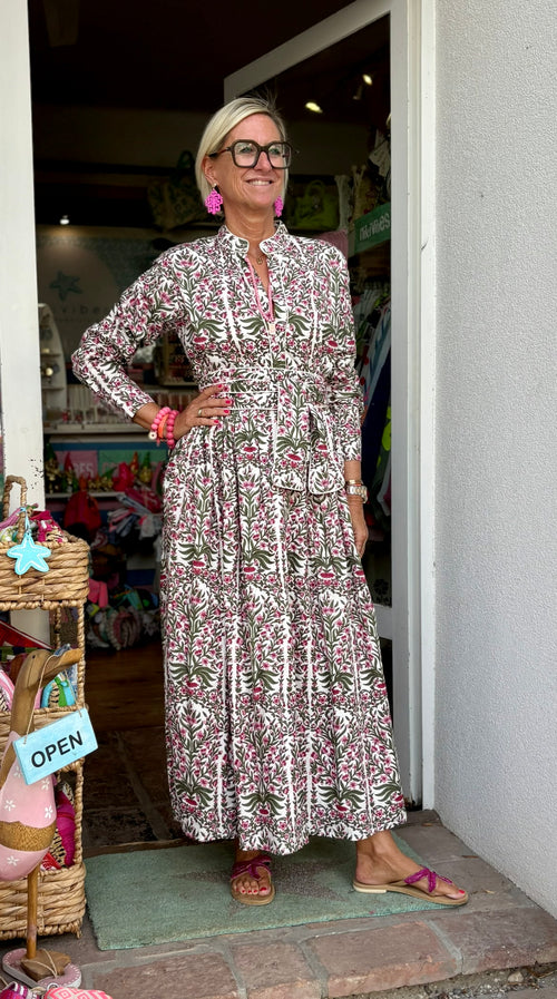 Long Dress "Niki" Indian Flower khaki/pink