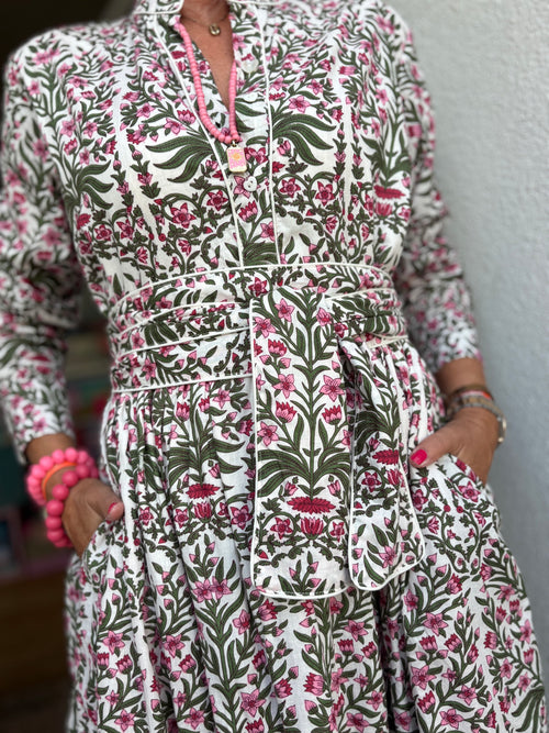 Long Dress "Niki" Indian Flower khaki/pink