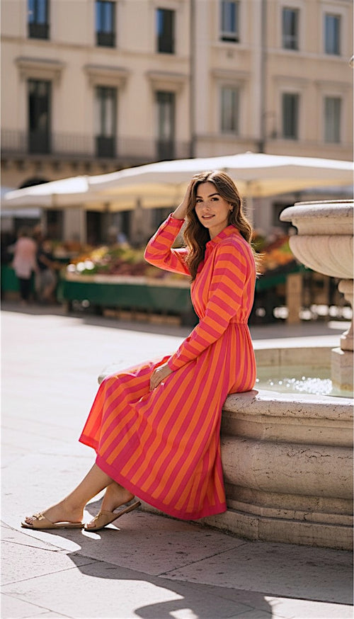 Midi Dress "Cruise Pom Pom" Stripes coral/pink