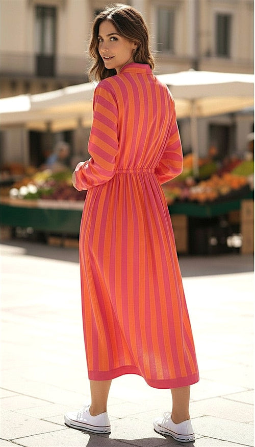 Midi Dress "Cruise Pom Pom" Stripes coral/pink
