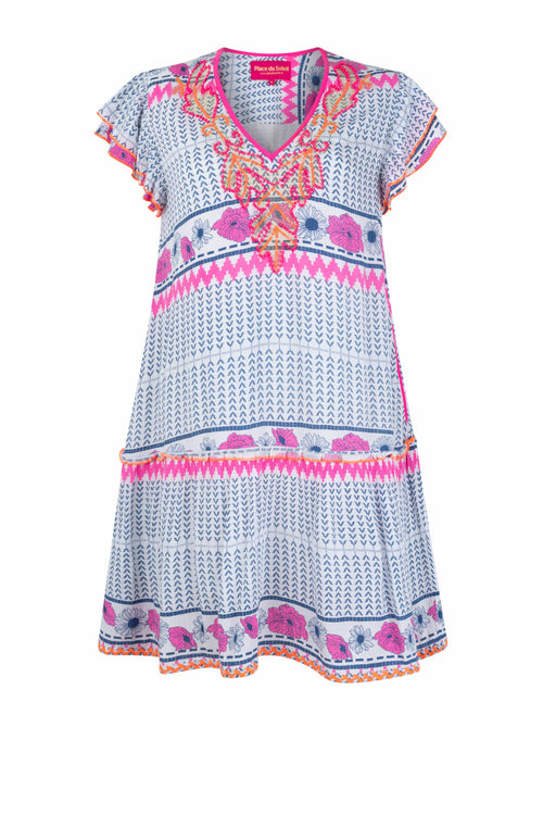 Short Dress "Ikat Pink Flowers"