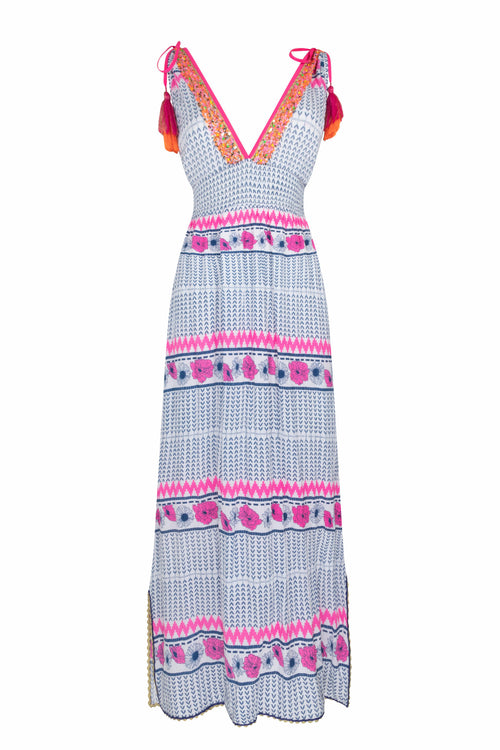 Maxi Dress "Ikat and Pink Flowers"