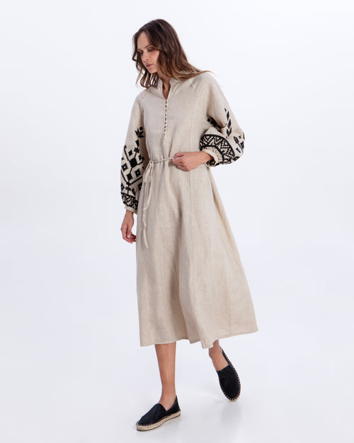 Leinen Maxi Dress Ios beige/black