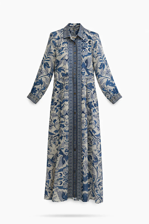 Seiden/Cotton Kaftan Dress "Navy Flowers"