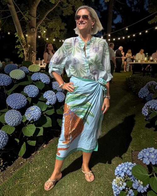 Have One Set Pareo long "Aqua Tiger" with Blouse Palmtree light blue