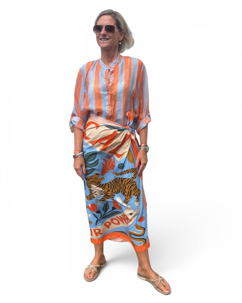 Have One Set Pareo Long "Tiger Magic" with Blouse in Stripes orange/light blue