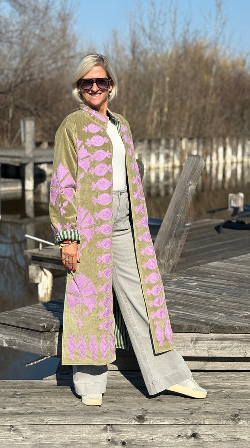 Velvet Suzani Kimono Mantel taupe/pink