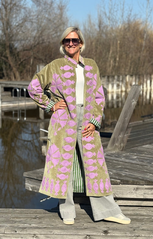 Velvet Suzani Kimono Mantel taupe/pink