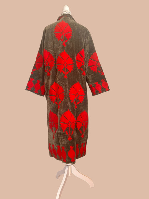Velvet Suzani Kimono Mantel khaki/rot