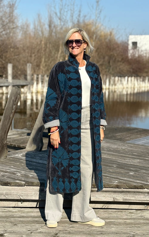 Velvet Suzani Kimono Mantel navyblue