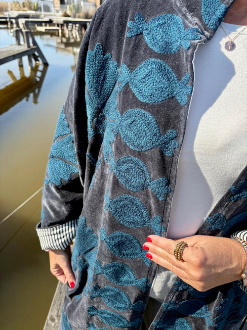 Velvet Suzani Kimono Mantel navyblue