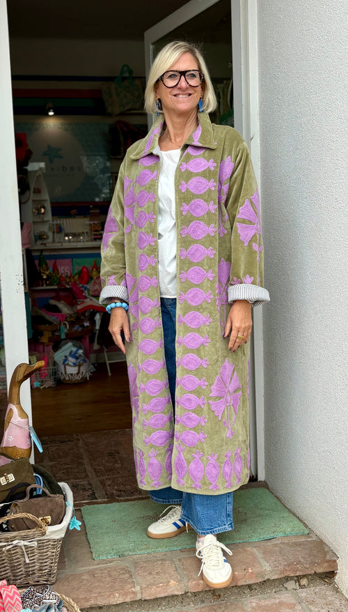 Velvet Suzani Kimono Mantel taupe/pink