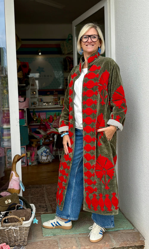 Velvet Suzani Kimono Mantel khaki/rot
