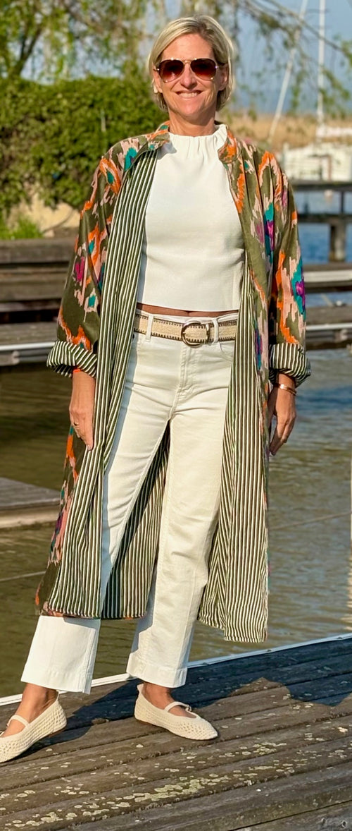 Velvet Kimono Mantel "Ikat" Khaki
