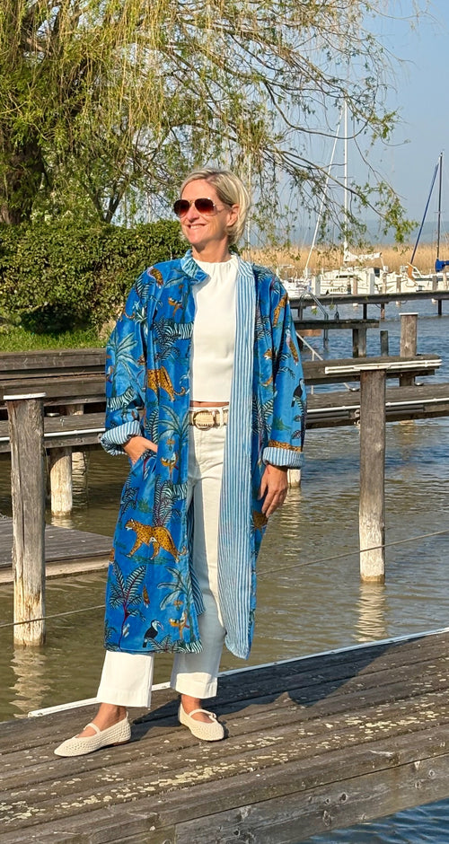 Velvet Kimono Mantel "Wild Jungle" blue