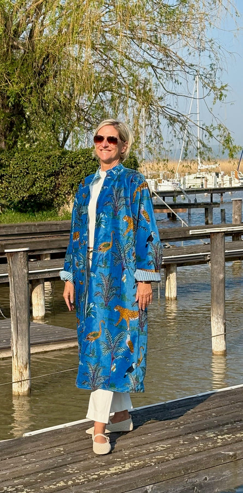 Velvet Kimono Mantel "Wild Jungle" blue